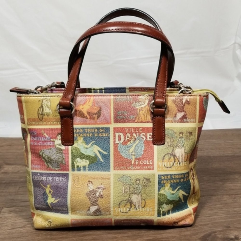 Vintage Leather Fossil Paris Poster Printed Purse Handbag